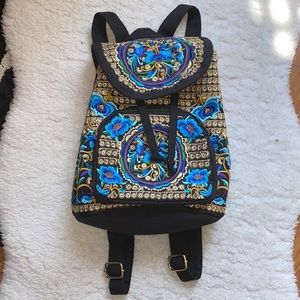 NWOT Vintage Embroidered Gold Floral Mini Backpack Adjustable Straps and Pockets